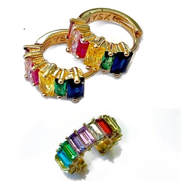 Mini Rainbow Crystal Huggie Hoops and Ear Cuff Set! - Picture 2 of 7
